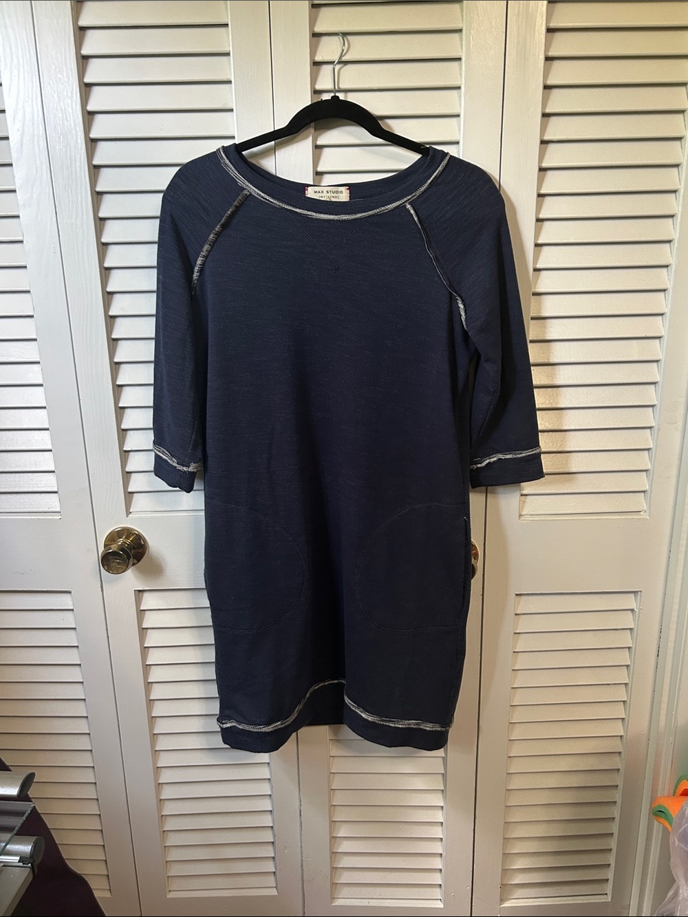 Max Studio Navy Midi Shift Dress with Contrast Stitching